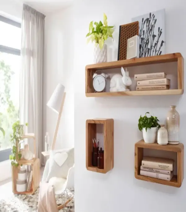 Mailaix Acacia Wood Set of 3 Wall Shelves with Open Storage (Acacia Varnished)