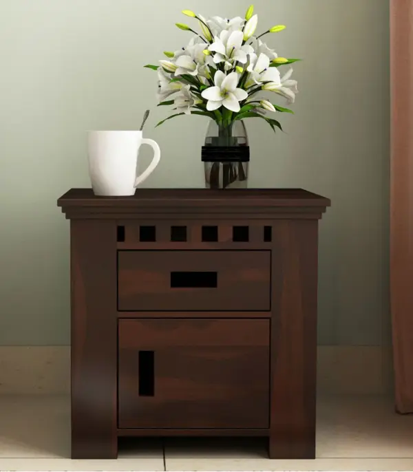 Arolph Sheesham Wood Bedside Table with Drawer Storage (Walnut Finish)