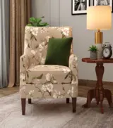 Edoree Sheesham Wood Frame with Cushioned Velvet Seating Arm Chair (Magnolia Beige with Walnut Finish) - Image 2
