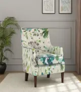 Edoree Sheesham Wood Frame with Cushioned Velvet Seating Arm Chair (Aqua Flower with Walnut Finish) - Image 2