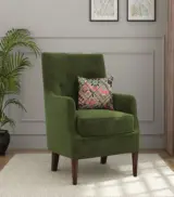 Edoree Sheesham Wood Frame with Cushioned Velvet Seating Arm Chair (Olive Green with Walnut Finish) - Image 2