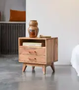 Ozlo Acacia Wood Bedside Table with Drawer and Open Storage (Acacia Finish) - Image 3