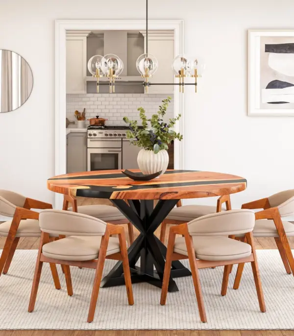 Kraviston Solid Acacia Wood Live Edge Round Epoxy 6 Seater Dining Table Set (Natural Finish)