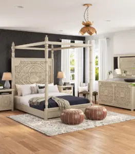 Melycious Hand-carved Solid Wood 4 Piece Storage Bedroom Set (Natural Finish)