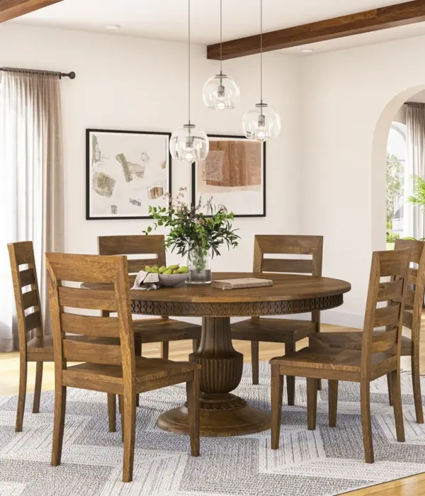 Qerra Solid Mango Wood 6 Seater Dining Table Set (Teak Finish)-01