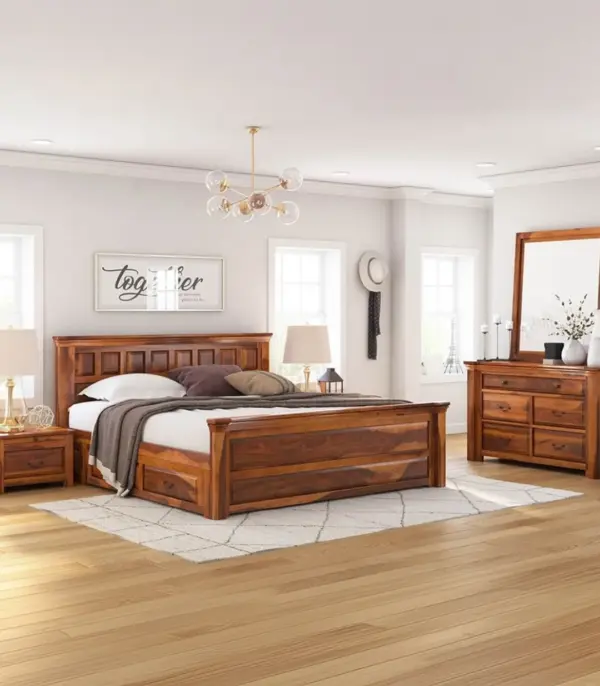 Simphny Solid Sheesham Wood 4 Piece Storage Bedroom Set (Natural Finish)