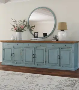 Bluish Solid Wood Extra Long Buffet Sideboard and Cabinet In 3 Piece (Two Tone Blue)