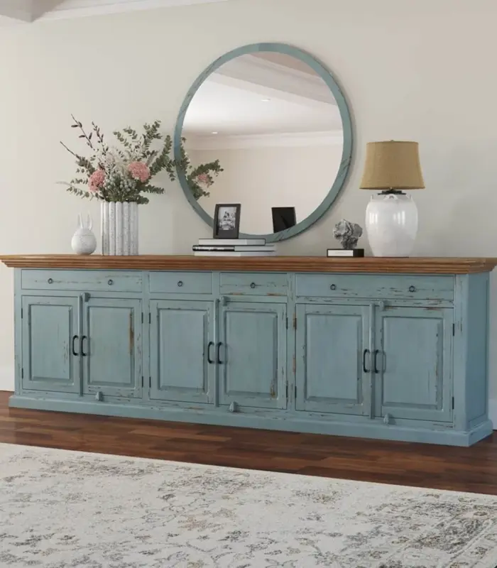 Bluish Solid Wood Extra Long Buffet Sideboard and Cabinet In 3 Piece (Two Tone Blue)
