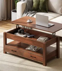 Lift-Top Wooden Coffee Table with Hidden Storage and Drawers – Convertible Coffee Table for Living Room