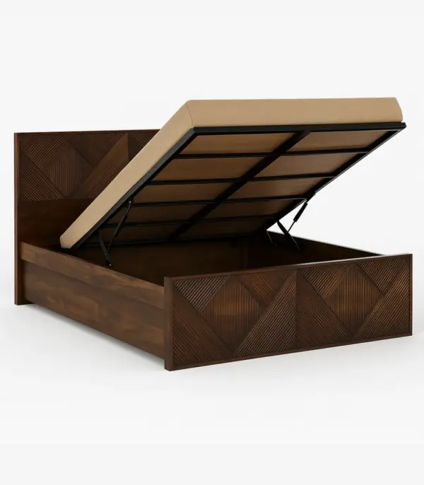 Ritrmo Sheesham Wood Queen Size Bed with Hydraulic Box Storage (Provincial Teak Finish)