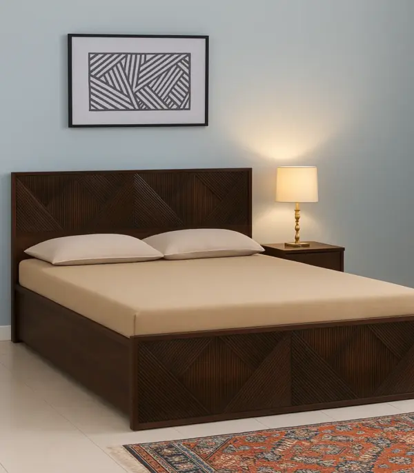 Ritrmo Sheesham Wood Queen Size Bed with Hydraulic Box Storage (Provincial Teak Finish)