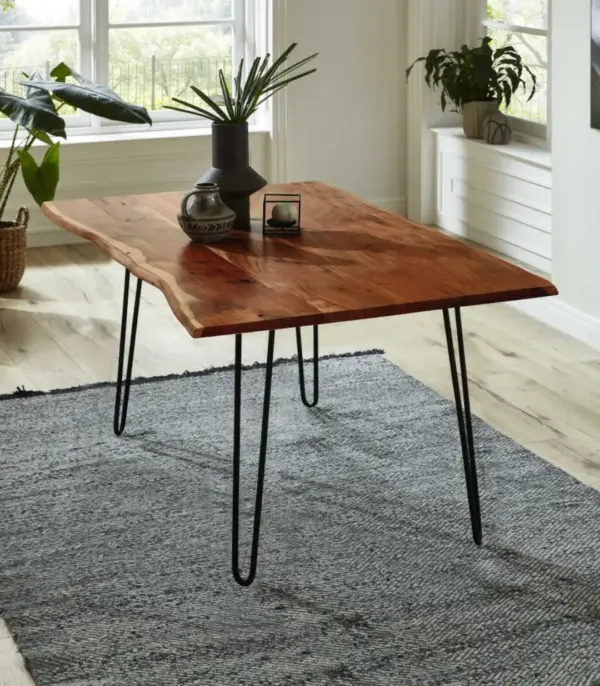 Compact Live Edge Solid Acacia Wood Dining Table with Walnut Finish and Black Hairpin Frame – 80 x 80 cm | 4-Seater Table