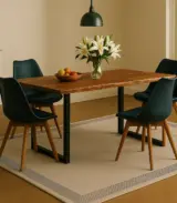 Live Edge Solid Acacia Wood Dining Table with Walnut Finish and Black U-Shaped Frame – 140 x 80 cm 6-Seater Table