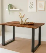 Faby Live Edge Solid Acacia Wood Dining Table with Walnut Finish and Black U-Shaped Frame – 140 x 80 cm | 6-Seater Table - Image 2