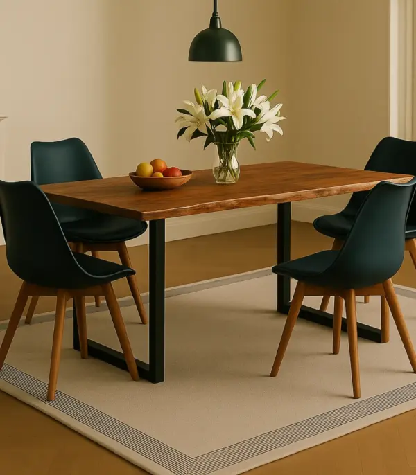 Live Edge Solid Acacia Wood Dining Table with Walnut Finish and Black U-Shaped Frame – 140 x 80 cm 6-Seater Table