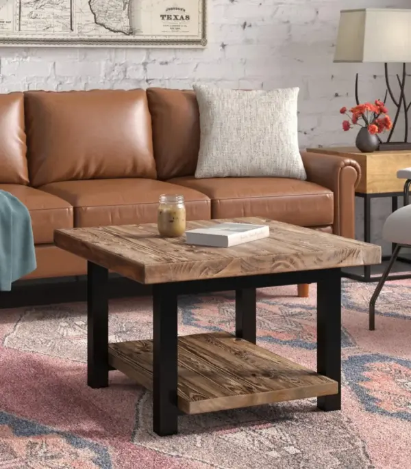 Metal and Solid Wood Square Coffee Table with Bottom Shelf