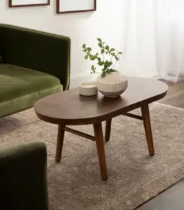 Oval Solid Wood Coffee Table with Tapered Legs – Walnut Finish for Living Room