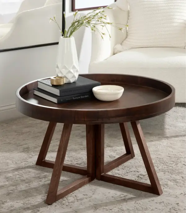 Round Solid Wood Coffee Table with Angled Cross Legs – Natural Walnut Finish