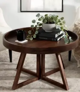 Round Solid Wood Coffee Table with Angled Cross Legs – Natural Walnut Finish 2