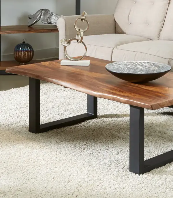 Sheesham Wood Live Edge Top Coffee Table With Metal Base – Honey Finish