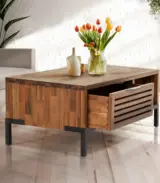 Solid Acacia Wood Coffee Table With Storage – Rustic Chestnut Finish