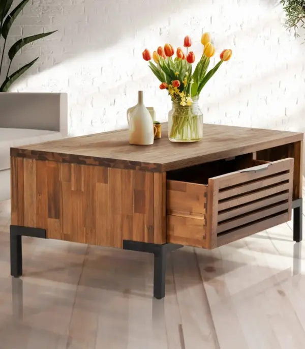 Solid Acacia Wood Coffee Table With Storage – Rustic Chestnut Finish
