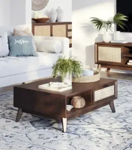 Solid Acacia Wood Coffee Table with Cane Drawer
