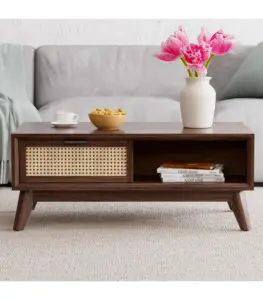 Solid Acacia Wood Coffee Table with Cane Drawer 2