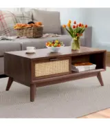 Nimi Solid Acacia Wood Coffee Table with Cane Drawer – Mid-Century Rectangular Living Room Table - Image 3