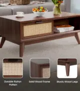 Nimi Solid Acacia Wood Coffee Table with Cane Drawer – Mid-Century Rectangular Living Room Table - Image 6