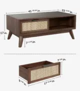 Nimi Solid Acacia Wood Coffee Table with Cane Drawer – Mid-Century Rectangular Living Room Table - Image 4