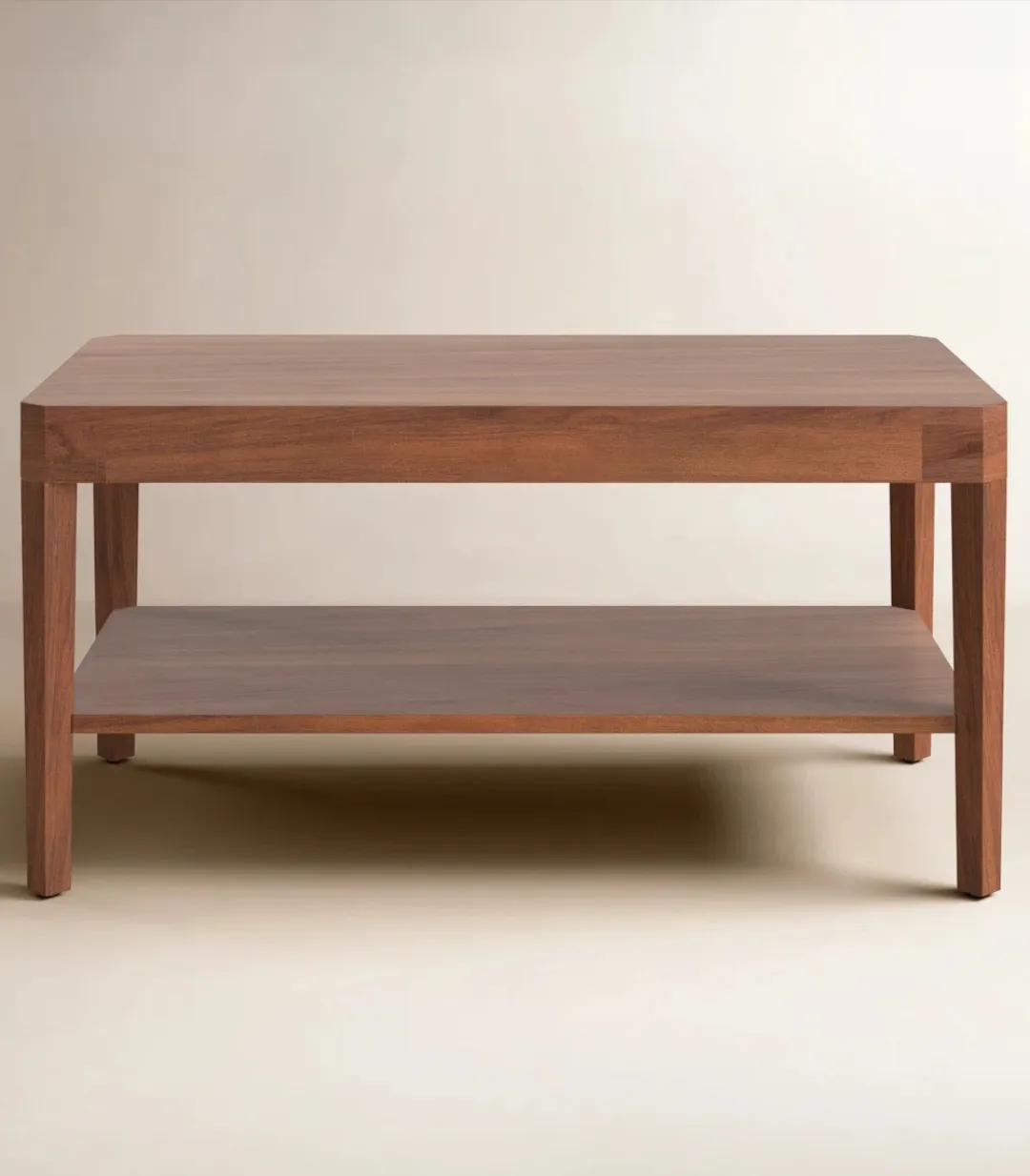 Solid Acacia Wood Rectangular Coffee Table with Lower Storage Shelf 2
