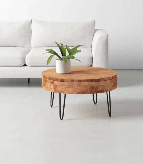 Solid Acacia Wood Round Coffee Table With Lift Top Storage