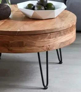 Solid Acacia Wood Round Coffee Table With Lift Top Storage 7