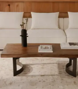 Solid Sheesham Wood Live Edge Coffee Table With Metal Sled Base – Natural Finish