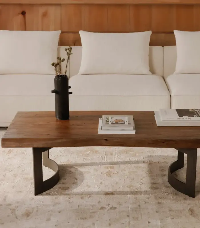 Solid Sheesham Wood Live Edge Coffee Table With Metal Sled Base – Natural Finish