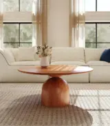 Travish Round Coffee Table With Solid Wood Top And Pedestal Base – Natural Wood Finish