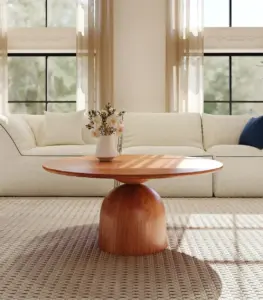 Travish Round Coffee Table With Solid Wood Top And Pedestal Base – Natural Wood Finish