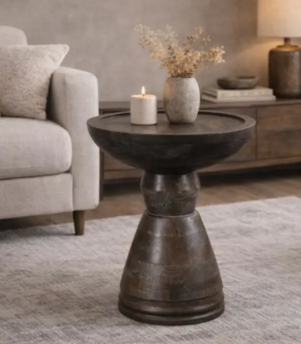 Elive Mango Wood Round Shaped Side Table – Grey Finish