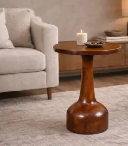 Dipi Lamp Style Mango Wood Round Shaped Side Table – Walnut Finish