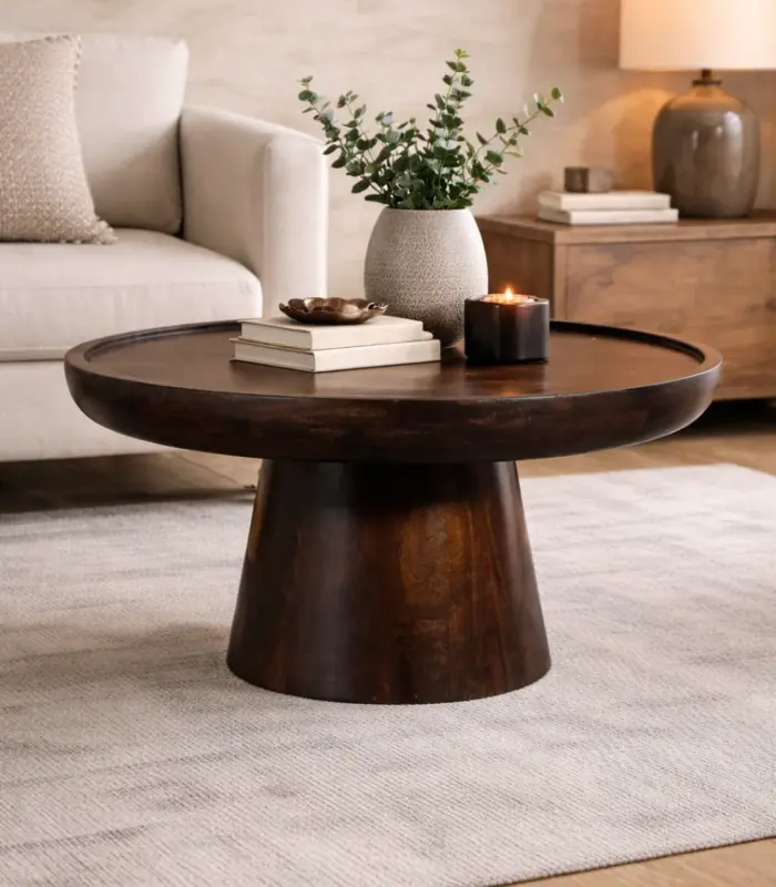 Torrish Mango Wood Round Shaped Coffee Table – Black Finish