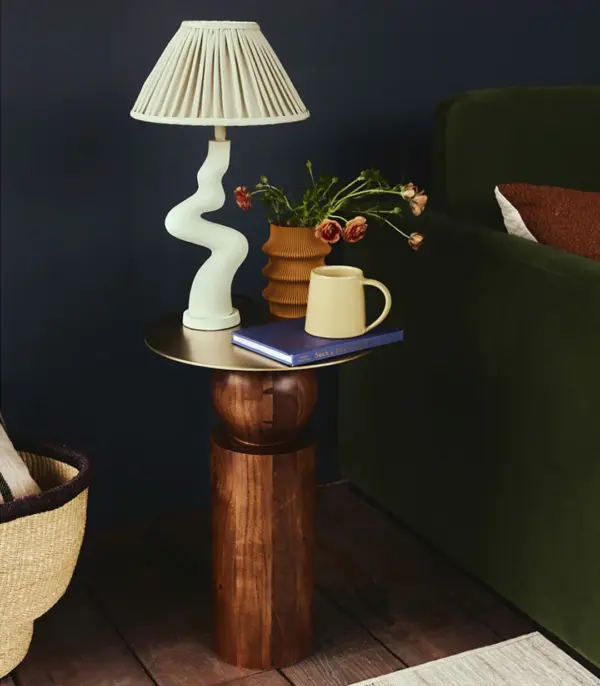 Brass Top Acacia Wood Round Shaped Side Table – Dark Brown Finish