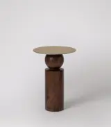 Zuse Brass Top Acacia Wood Round Shaped Side Table – Dark Brown Finish - Image 4