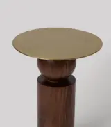 Zuse Brass Top Acacia Wood Round Shaped Side Table – Dark Brown Finish - Image 2