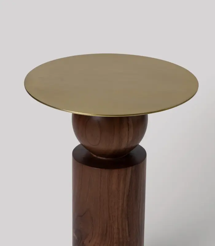 Brass Top Acacia Wood Round Shaped Side Table – Dark Brown Finish 4