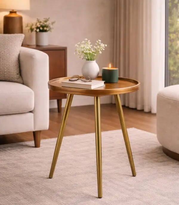 Minimalist Teak Wood Round Shaped Side Table With Golden Legs – Walnut Finish