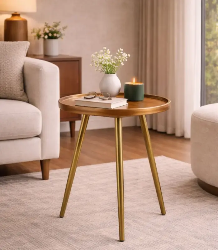 Minimalist Teak Wood Round Shaped Side Table With Golden Legs – Walnut Finish