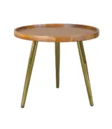 Winy Minimalist Teak Wood Round Shaped Side Table With Golden Legs – Walnut Finish - Image 2