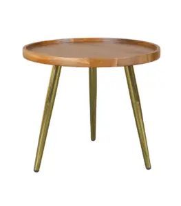 Minimalist Teak Wood Round Shaped Side Table With Golden Legs – Walnut Finish 2