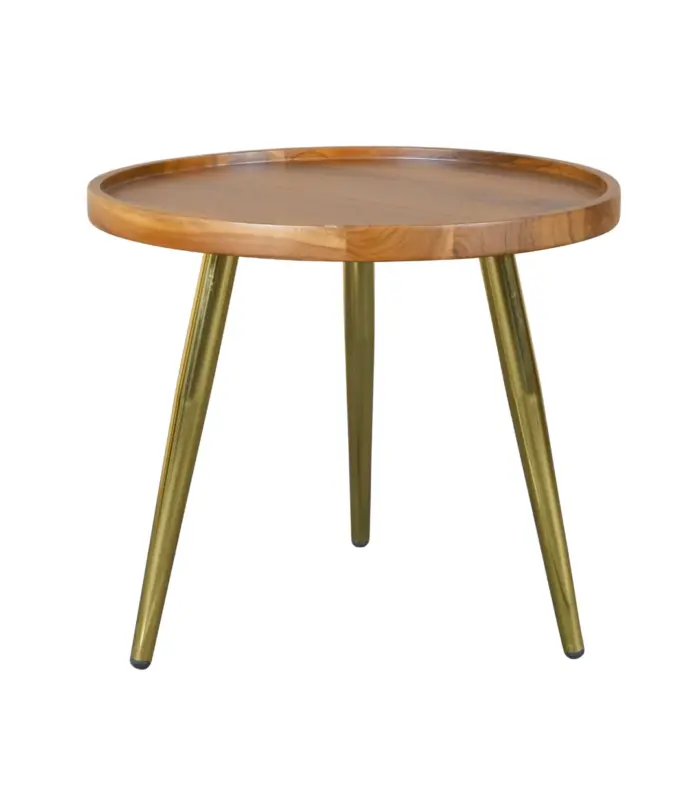Minimalist Teak Wood Round Shaped Side Table With Golden Legs – Walnut Finish 2